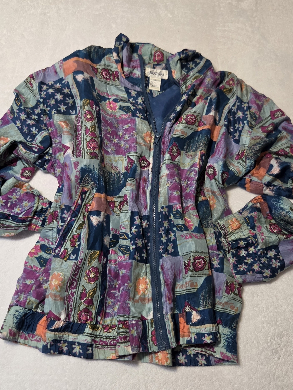 Vintage 90s BOGARI 100% Silk Patchwork Floral Bomber Jacket M Full Zip Elastic